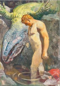 Siegfried bathing in Fafnir's blood